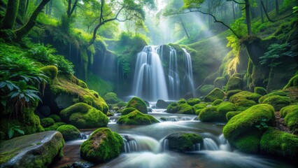 Fototapeta premium Dense foliage surrounds a serene natural waterfall cascading down moss-covered rocks in a misty forest environment