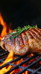 A succulent piece of grilled meat garnished with herbs, sizzling on a barbecue grill amidst vibrant flames.