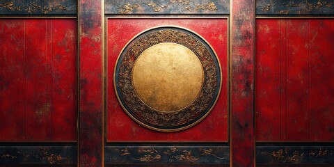 Antique Chinese Red Gold Panel with Intricate Circular Design