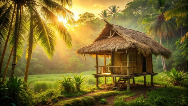 Traditional Filipino nipa hut standing alone in a lush green forest environment with a warm sepia tone background, outdoor, traditional