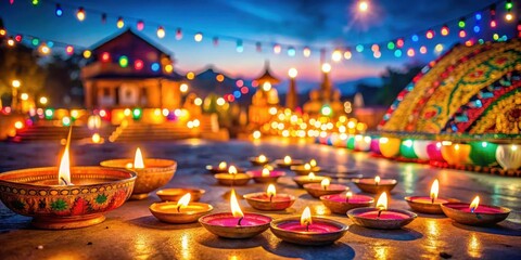 A festive village scene with colorful lights and candles illuminating a Diwali celebration at night, festival atmosphere, candlelight