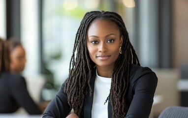 Obraz premium Professional woman with long dreadlocks seated in modern office during daytime engaging in thoughtful conversation