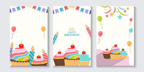 Happy birthday greeting card poster collection set, Birthday greeting template design with cupcake and colorful balloons decoration elements for party invitation card background.