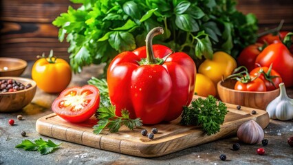 Fresh red bell pepper and ripe tomato on a wooden cutting board with herbs