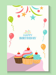 Happy birthday greeting card poster collection set, Birthday greeting template design with cupcake and colorful balloons decoration elements for party invitation card background.