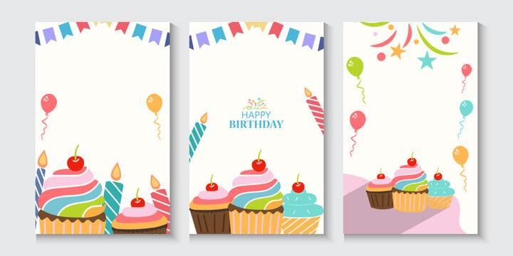 Happy birthday greeting card poster collection set, Birthday greeting template design with cupcake and colorful balloons decoration elements for party invitation card background.