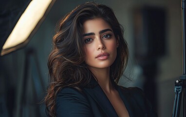 Fototapeta premium Confident young woman poses elegantly in a stylish blazer with natural makeup in a professional setting
