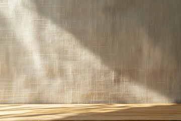 日差しが差し込むリネンのテクスチャ背景と木製テーブル | Linen Texture Background with Sunlight and Wooden Table