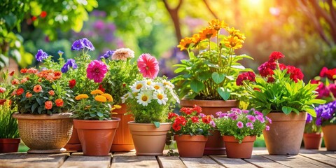 colorful flowers in small terracotta pots on a sunny patio, greenery, vibrant blooms