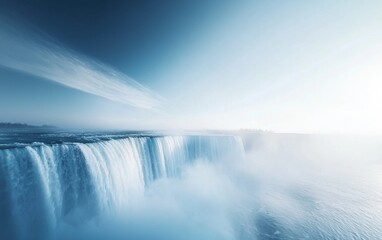 Majestic waterfall cascading into mist at dawn near the tranquil riverbank in a serene natural landscape