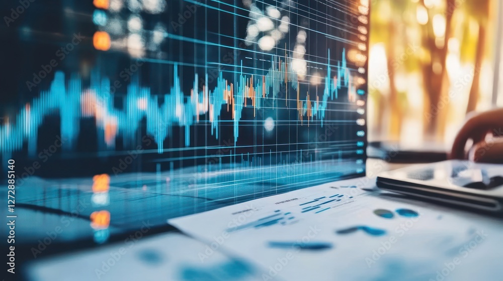 Poster close-up of a digital screen displaying financial data with graphs, while a hand interacts with docu