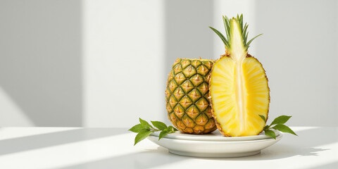 A fresh, juicy pineapple with its vibrant yellow flesh exposed after being sliced, sitting on a white porcelain plate