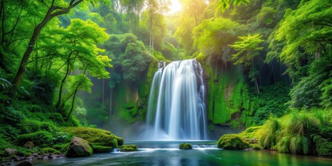 Serene waterfall cascading down lush green forest canopy, surrounded by towering trees and vibrant foliage, tree, waterfall