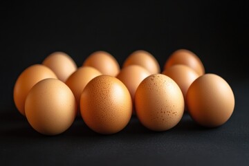Eleven brown eggs are arranged against a dark background
