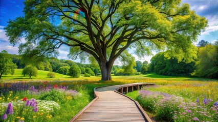 Obraz premium A serene tree stands tall amidst a lush green park with a winding wooden walkway leading to its base, surrounded by vibrant wildflowers and towering trees, nature, serene