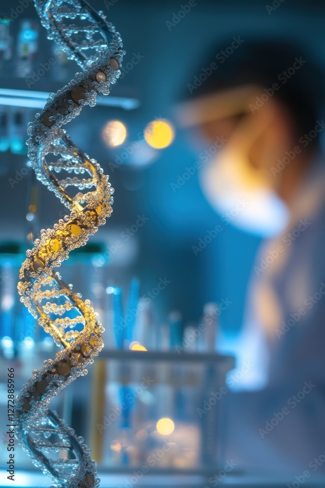 Poster scientist examining dna structure in laboratory setting
