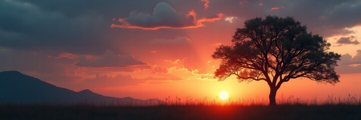 Fototapeta premium Breathtaking sunset with a silhouette of a tree against vibrant skies, capturing the beauty of nature and tranquility, perfect for backgrounds or eco-focused projects.