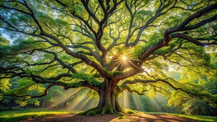 Obraz premium Filtered sunlight through dense forest canopy onto majestic oak tree with gnarled branches and vibrant green foliage, oak tree, serene landscape
