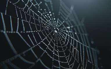 Delicate spider web glistens with dew in early morning light showcasing nature's intricate design