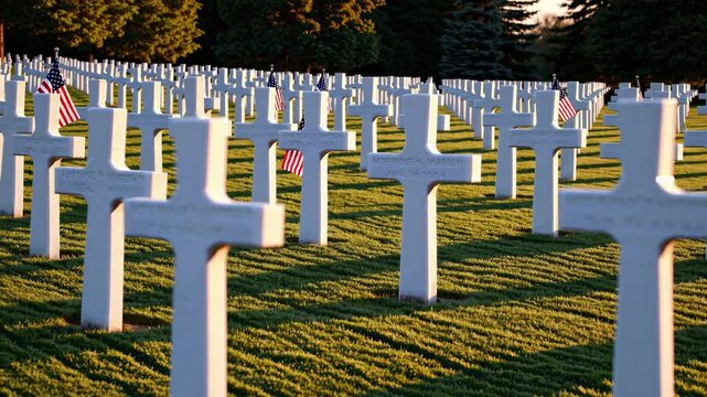 A cemetery during Memorial Day in the USA. White crosses arranged on green grass, small American flags placed at graves