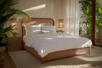 Serene bedroom interior with natural light illuminating a rattan bed and tropical plants creating a calm and inviting atmosphere for relaxation and rest