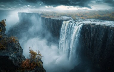 Majestic waterfall cascading over rugged cliffs in misty landscape during overcast weather