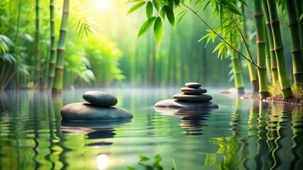 Serene landscape with tranquil zen stones submerged in calm water surrounded by lush greenery and swaying bamboo plants in a peaceful environment , nature, tranquility