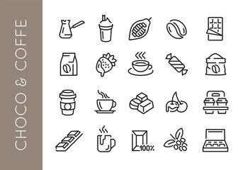 Chocolate icons. Set of 20 chocolate trendy minimal icons. Example: Cocoa bean, Chocolate bar, Coffee and cookie icon. Design signs for web page, mobile app, packaging design. Vector illustration