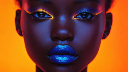 Bold beauty portrait featuring model with neon eyeshadow and electric blue lipstick on vibrant backdrop
