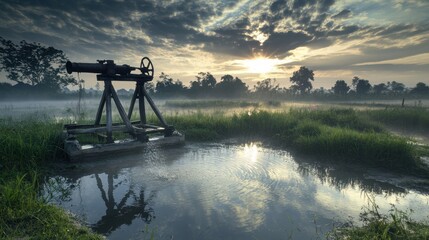Naklejka premium Misty Sunrise Over Pumping Station in Serene Natural Landscape
