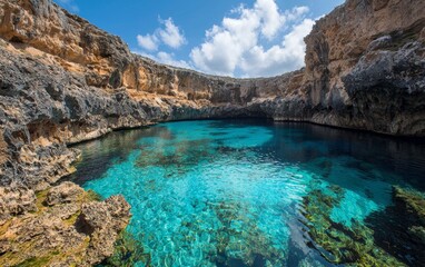 Serene crystal-clear lagoon surrounded by rugged cliffs in a sunny coastal location