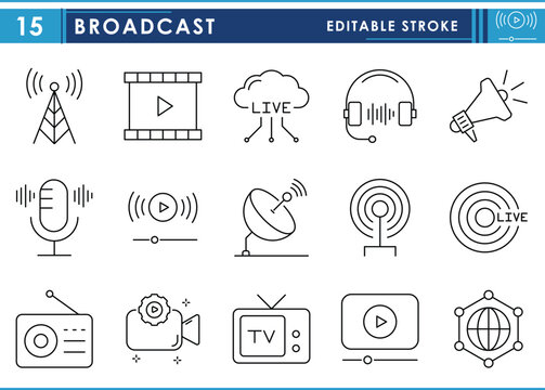 A set of line icons related to Broadcasting. TV, radio, network, live, news, broadcast, stream, podcast, announce, and so on. Vector editable stroke.