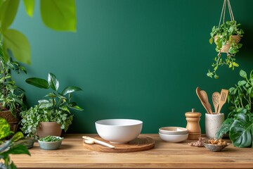 Serene kitchen scene featuring wooden table with white bowl and kitchenware against dark green wall and plants