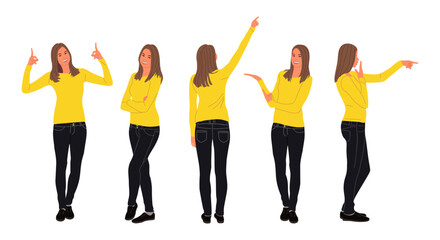 Obraz premium Business woman character standing in different pointing poses, front, side, back view. Pretty girl in smart casual outfit. Vector realistic people illustration set isolated