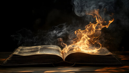 Burning Book , Book on Fire , opened book with burned pages