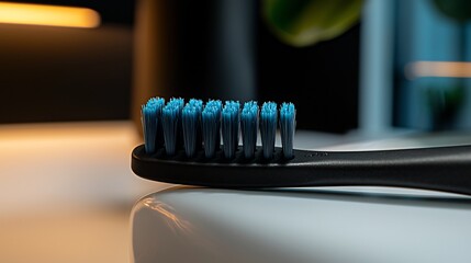 Close Up Of Black Toothbrush With Blue Bristles On White Surface