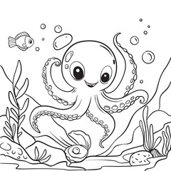 An octopus is swimming with small fish underwater.