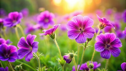 Fototapeta premium Vibrant purple geraniums swaying gently in the warm sunlight of a lush meadow, flower field