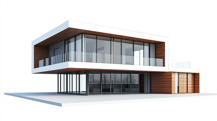 A beautiful modern house with large windows and a sleek design, isolated on a white background, showcasing clean lines and minimalistic architecture