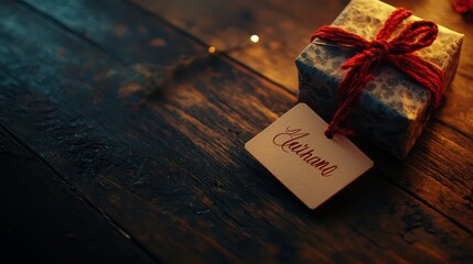 Thoughtfully Wrapped Gift Box with Rustic Wooden Background
