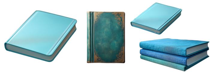  A collection of elegant pastel blue and green notebooks, journals, and stationery items neatly arranged on a minimalist desk or tabletop. The flat lay composition highlights a clean, organized worksp