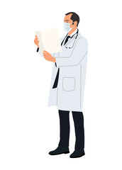 Male doctor character reading documents standing side view. Handsome confident healthcare professional in lab coat, mask, with stethoscope. Vector realistic illustration isolated