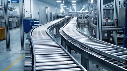 Fototapeta premium Automated conveyor system in modern factory facility showcasing industrial efficiency and technological advancement with a clean and organized workspace