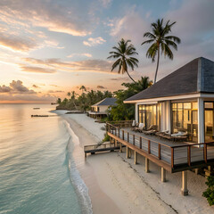 Fototapeta premium An idyllic dream getaway resort overlooking a tranquil ocean, featuring overwater bungalows and breathtaking sunset views.