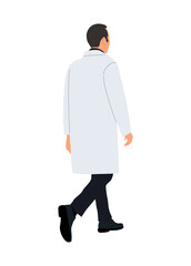 Male doctor character walking back view. Handsome confident healthcare professional in lab coat. Vector realistic illustration isolated 