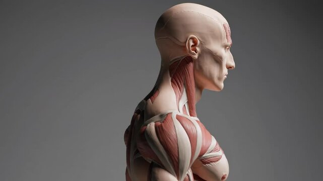 Side view of a detailed anatomical model showing muscles and tendons, ideal for educational video content. Neutral background enhances focus.