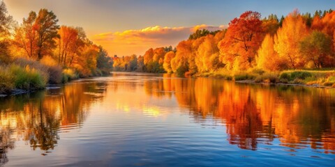 Warm orange hues dance across the rippling water of a serene autumn river, as nature's vibrant colors paint a breathtaking backdrop, autumn landscape, golden hour