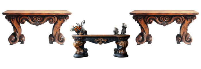 Explore the enduring elegance of exquisite antique Baroque-style wooden console tables, adorned with intricate and ornate carvings. These timeless, vintage furniture pieces bring a touch of sophistica