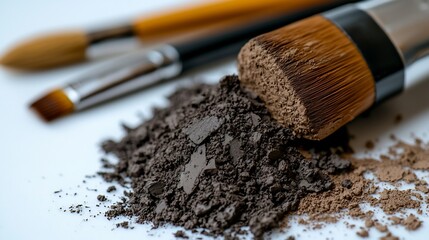 Close Up Of Makeup Brushes And Brown Powder On White Surface