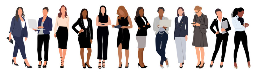 Obraz premium Business women collection. Vector realistic illustration of diverse multinational standing cartoon women in office formal suit outfits. Isolated on transparent background.